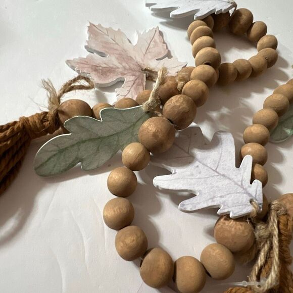 CLEARANCE! Fall Leaf Garland Wooden Beads Jute Tassels Hooks Decor Thanksgiving - Picture 3 of 5